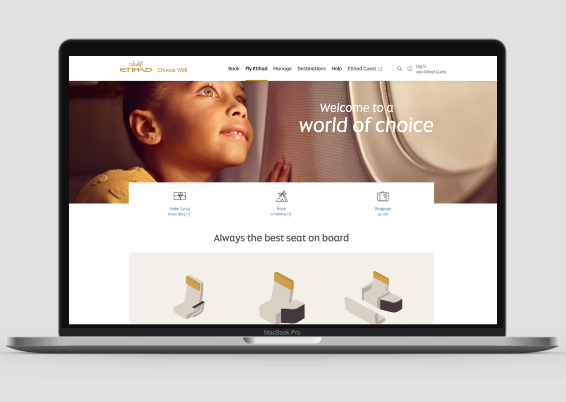 Etihad Airways website using Etihad Altis fonts